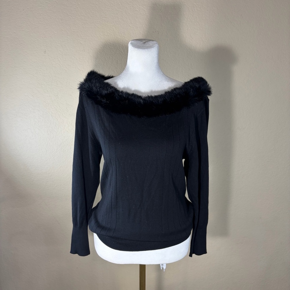 Cache black fur trimmed silk blend top Sz L Y2K Goth Grunge Mob Wives Grunge